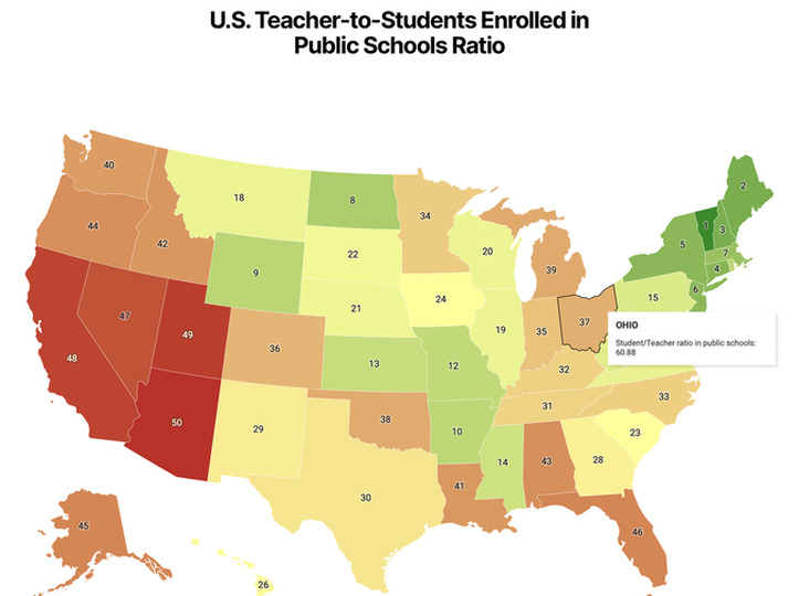 U.S. map of student/teacher ratio in public schools per state.