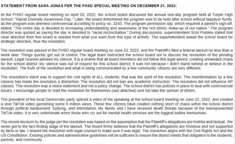 Photo: Screenshot of Sara Jonas' statement.