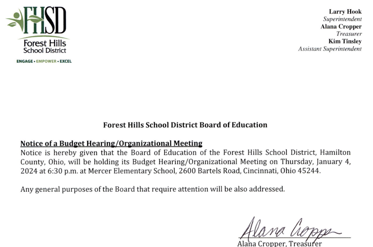 Pictured: Notice of FHSD Budget Hearing/Organizational Meeting.