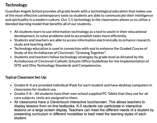 Screen shot of Guardian Angels School's 1:1 technology policy and typical classroom set-up.