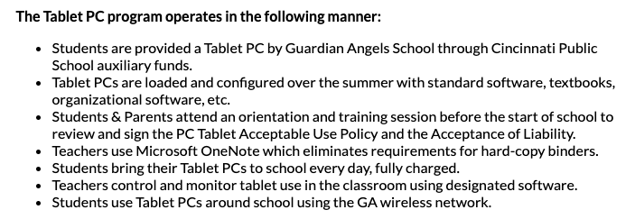 Screen shot of Guardian Angels School's Tablet PC program indicating that it is provided through the  Cincinnati Public School's auxiliary funds.